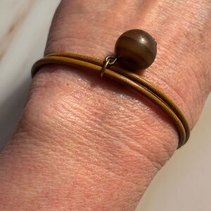 Athens Protasis Gold Tone Tan Leather Cord Stone Bead Bracelet 7-3/4”